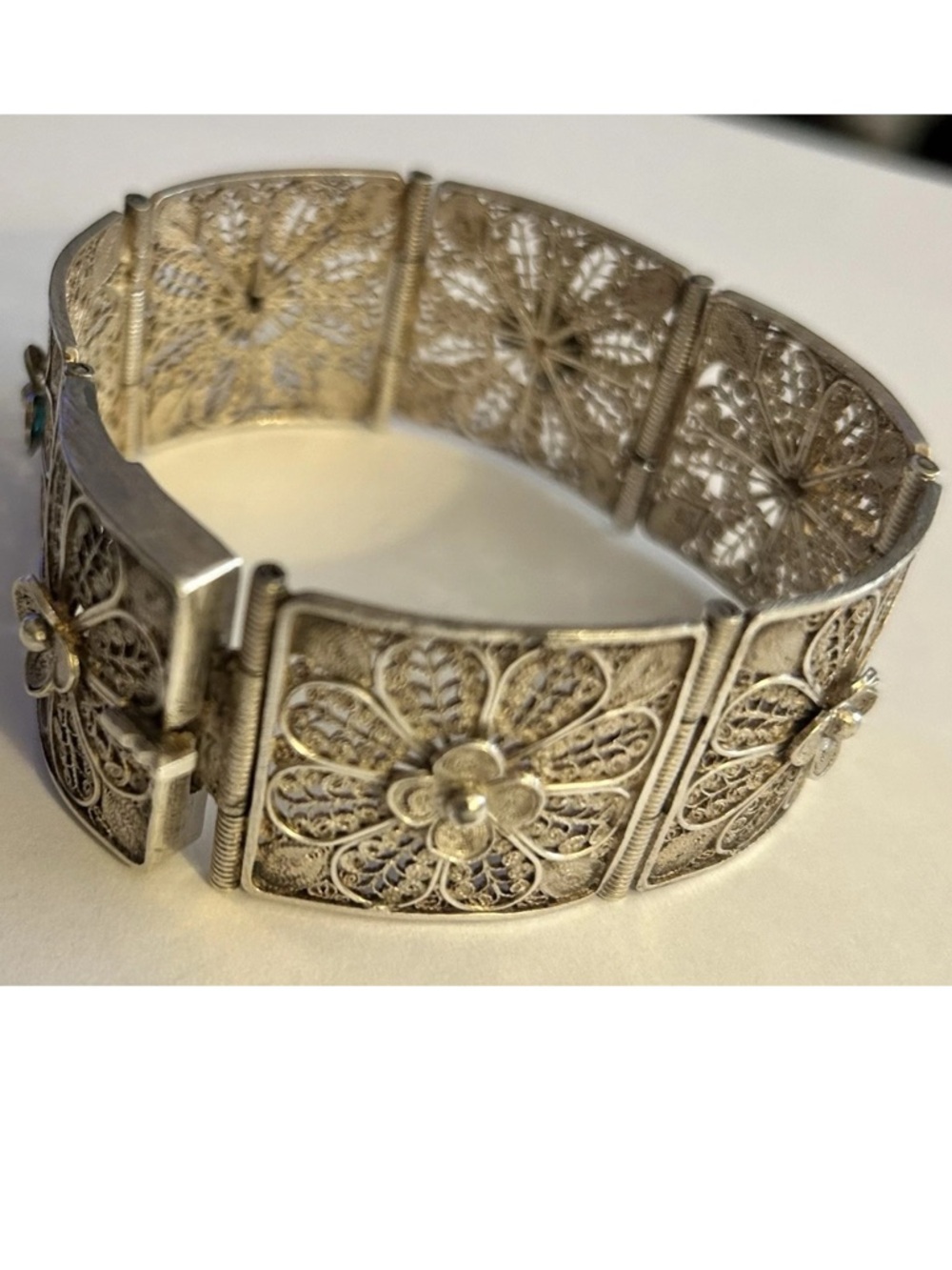 Antique Victorian 7 Panel Bracelet 800 Silver 1.4 Oz Floral Filigree Box Clasp